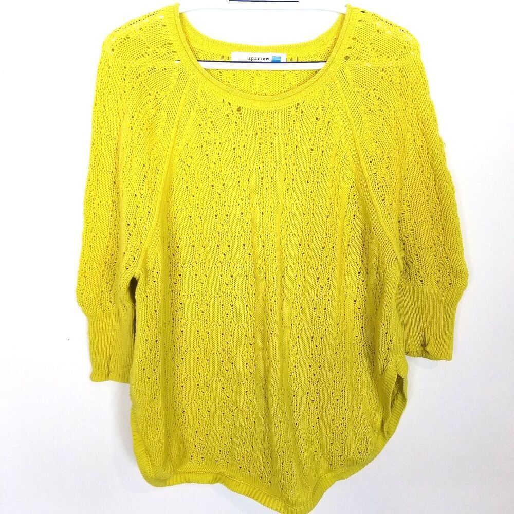 Anthropologie Sparrow Women's Crochet Knit Crewneck Sweater Sz L Yellow Boho